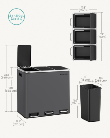 Cos de gunoi colectare selectiva cu 3 compartimente 3 x 18L, capace soft close, pedale, otel, 61x32x56 cm, gri mat [1]