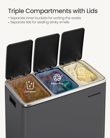 Cos de gunoi colectare selectiva cu 3 compartimente 3 x 18L, capace soft close, pedale, otel, 61x32x56 cm, gri mat [3]