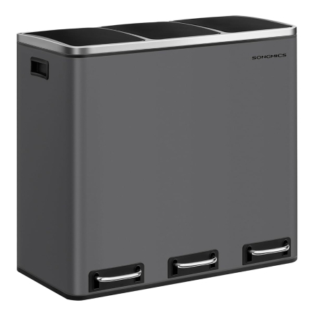Bucatarie - Cos de gunoi colectare selectiva cu 3 compartimente 3 x 18L, capace soft close, pedale, otel, 61x32x56 cm, gri mat