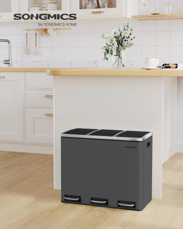 Cos de gunoi colectare selectiva cu 3 compartimente 3 x 18L, capace soft close, pedale, otel, 61x32x56 cm, gri mat [6]