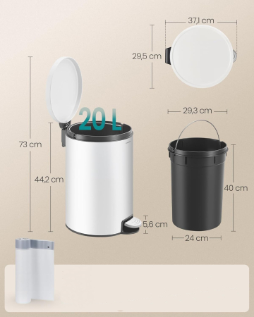 Cos de gunoi cu pedala 20L, capac soft close, galeata interioara detasabila, otel si plastic, 30x37x44 cm, alb [4]