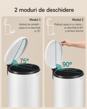 Cos de gunoi cu pedala, capac soft-close, galeata detasabila, otel, 30L, saci menajeri inclusi, alb [5]