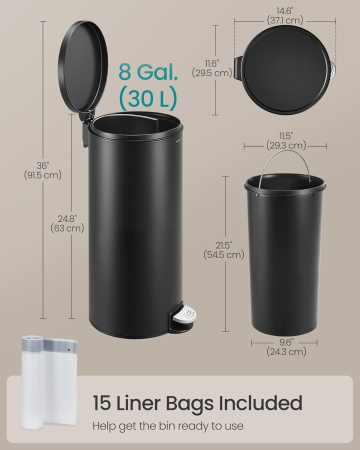 Cos de gunoi cu pedala, capac soft-close, galeata detasabila, otel, 30L, saci menajeri inclusi, negru [4]