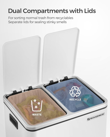 SONGMICS Cos de gunoi din inox cu 2 compartimente colectare selectiva, cu galeti interioare, 2x15litri, alb [2]
