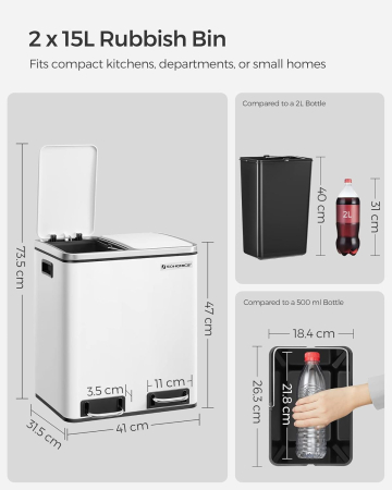 SONGMICS Cos de gunoi din inox cu 2 compartimente colectare selectiva, cu galeti interioare, 2x15litri, alb [5]