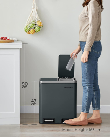 SONGMICS Cos de gunoi din inox cu 2 compartimente colectare selectiva, cu galeti interioare, 2x15litri, gri [5]