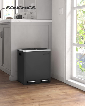 SONGMICS Cos de gunoi din inox cu 2 compartimente colectare selectiva, cu galeti interioare, 2x15litri, negru [1]