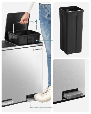 Cos de gunoi din inox cu 2 compartimente colectare selectiva, cu galeti interioare, 2x24 litri, argintiu [4]