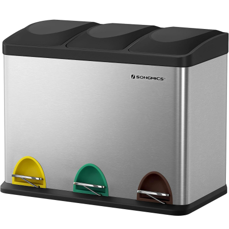 Accesorii pentru bucatarie - Cos de gunoi din inox cu 3 compartimente colectare selectiva, cu galeti interioare, 3x15litri, argintiu si negru