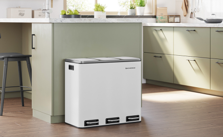 SONGMICS Cos de gunoi din inox cu 3 compartimente colectare selectiva, cu galeti interioare, 3x18litri, 62x32x56cm, alb [1]