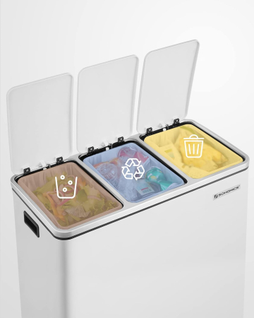 SONGMICS Cos de gunoi din inox cu 3 compartimente colectare selectiva, cu galeti interioare, 3x18litri, 62x32x56cm, alb [5]