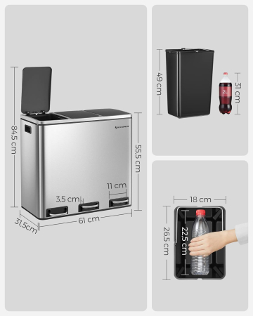 Cos de gunoi din inox cu 3 compartimente colectare selectiva, cu galeti interioare, 3x18litri, argintiu si negru [6]
