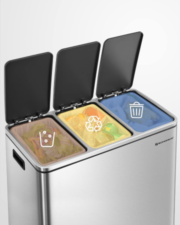 Cos de gunoi din inox cu 3 compartimente colectare selectiva, cu galeti interioare, 3x18litri, argintiu si negru [2]