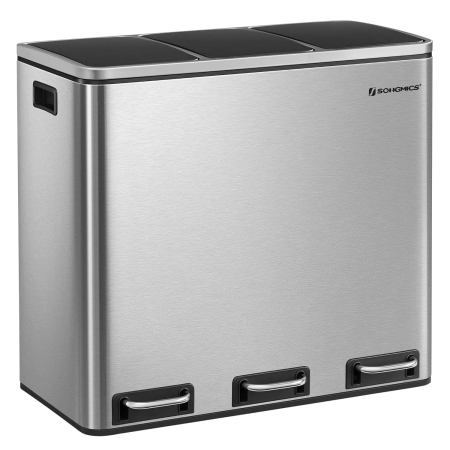 Accesorii pentru bucatarie - Cos de gunoi din inox cu 3 compartimente colectare selectiva, cu galeti interioare, 3x18litri, argintiu si negru