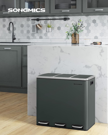 SONGMICS Cos de gunoi din inox cu 3 compartimente colectare selectiva, cu galeti interioare, 3x18litri, gri inchis [1]