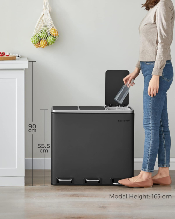 SONGMICS Cos de gunoi din inox cu 3 compartimente colectare selectiva, cu galeti interioare, 3x18litri, negru [6]