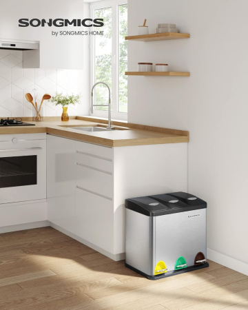 Cos de gunoi din inox cu 3 compartimente colectare selectiva, cu galeti interioare, 3x8litri, argintiu si negru [1]