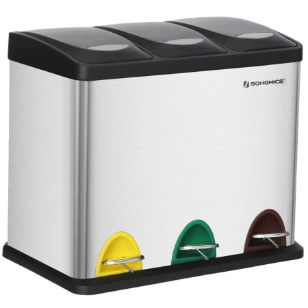 Accesorii pentru bucatarie - Cos de gunoi din inox cu 3 compartimente colectare selectiva, cu galeti interioare, 3x8litri, argintiu si negru