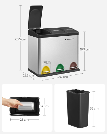 Cos de gunoi din inox cu 3 compartimente colectare selectiva, cu galeti interioare, 3x8litri, argintiu si negru [4]