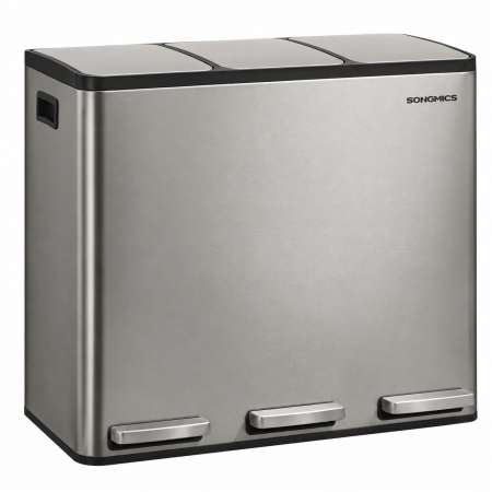 Bucatarie - Cos de gunoi din inox cu 3 compartimente colectare selectiva, cu galeti interioare, inchidere lenta, 3x18 litri, gri argintiu