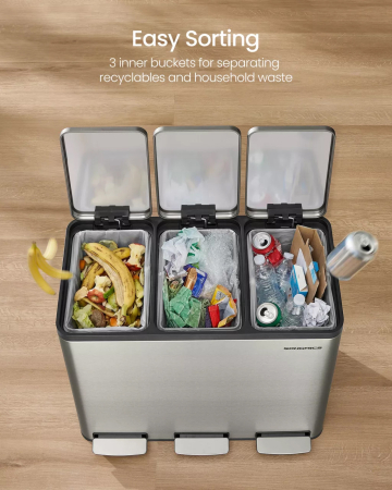 Cos de gunoi din inox cu 3 compartimente colectare selectiva, cu galeti interioare, inchidere lenta, 3x18 litri, gri argintiu [5]