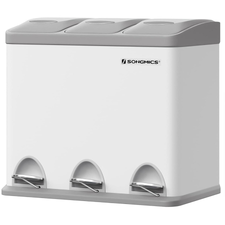 Bucatarie - Cos gunoi otel 3 compartimente colectare selectiva, pedale colorate, galeti interioare detasabile, 3x8L, alb si gri