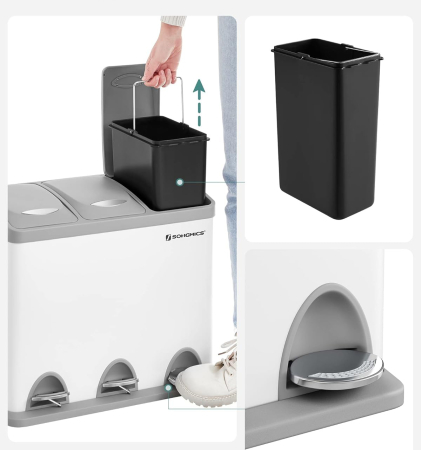 Cos gunoi otel 3 compartimente colectare selectiva, pedale colorate, galeti interioare detasabile, 3x8L, alb si gri [11]
