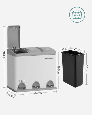 Cos gunoi otel 3 compartimente colectare selectiva, pedale colorate, galeti interioare detasabile, 3x8L, alb si gri [5]