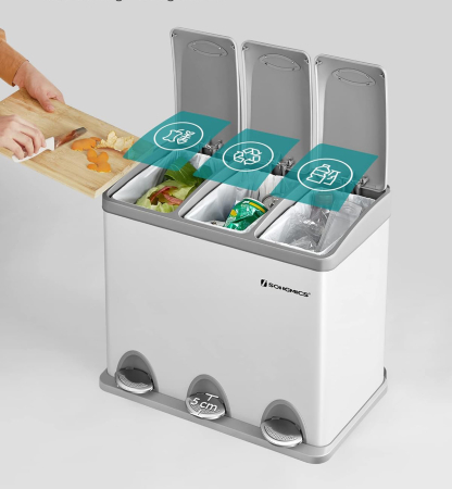 Cos gunoi otel 3 compartimente colectare selectiva, pedale colorate, galeti interioare detasabile, 3x8L, alb si gri [10]