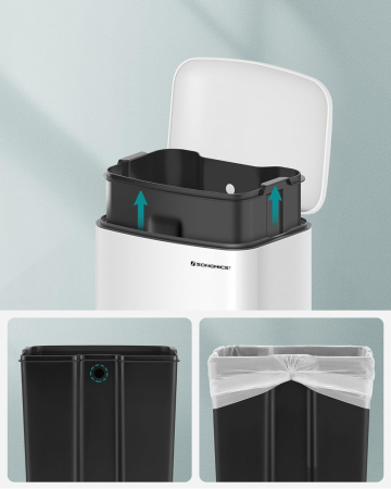 SONGMICS Cos de gunoi din otel cu pedala, 30litri, cu galeata interioara si capac, soft close, 34x61x32cm, alb [5]