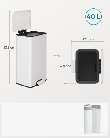 Cos de gunoi din otel, cu pedala si soft-close, saci gunoi inclusi, 40 litri, alb [2]
