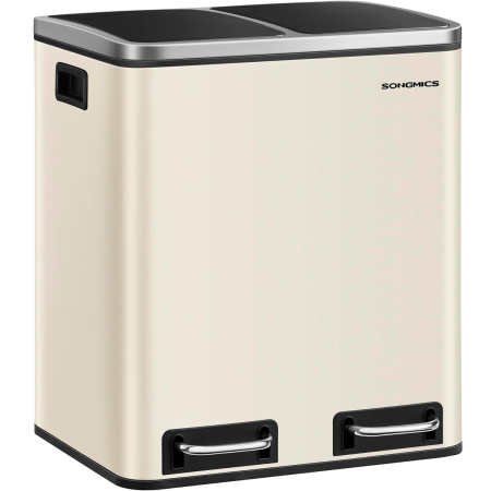 Accesorii pentru bucatarie - Cos de gunoi dublu 41x32x47 cm, 2x15L, pedale separate, capac soft-close si galeata detasabila, bej si negru