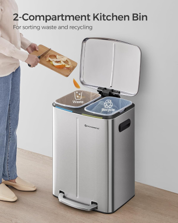 Cos de gunoi dublu colectare selectiva 2x20L, cu pedale si capac soft close, galeata interioara, otel, 45x58x32 cm, argintiu [1]