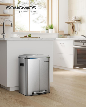 Cos de gunoi dublu colectare selectiva 2x20L, cu pedale si capac soft close, galeata interioara, otel, 45x58x32 cm, argintiu [4]