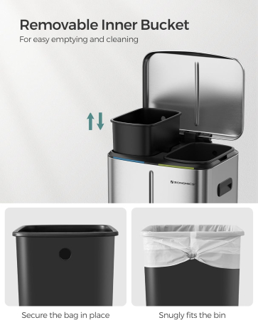 Cos de gunoi dublu colectare selectiva 2x20L, cu pedale si capac soft close, galeata interioara, otel, 45x58x32 cm, argintiu [5]