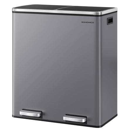 Bucatarie - Cos de gunoi dublu colectare selectiva, 2x30L, cu pedale si capac soft close, galeata interioara, otel, 62x59x36 cm, gri