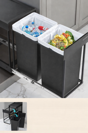 Cos de gunoi incorporabil in mobila, cu 2 compartimente 2x15L, cadru metalic extensibil, 48x25x44 cm, negru [2]