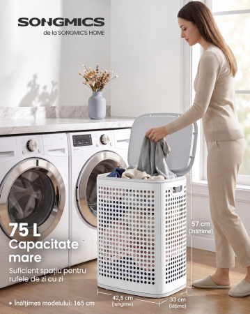 Cos de rufe 75 L pentru spatii mici, design ingust cu capac, ventilatie pentru circulatia aerului, 43x33x57 cm, alb [3]