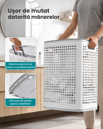 Cos de rufe 75 L pentru spatii mici, design ingust cu capac, ventilatie pentru circulatia aerului, 43x33x57 cm, alb [2]