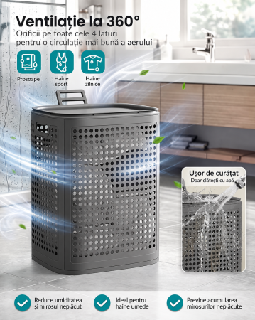 Cos de rufe 75 L pentru spatii mici, design ingust cu capac, ventilatie pentru circulatia aerului, 43x33x57 cm, gri inchis [1]