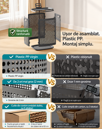 Cos de rufe 75 L pentru spatii mici, design ingust cu capac, ventilatie pentru circulatia aerului, 43x33x57 cm, gri inchis [3]