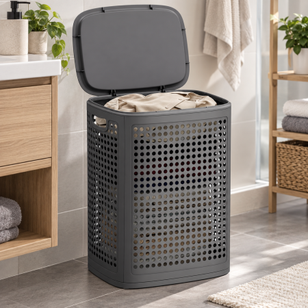 Cos de rufe 75 L pentru spatii mici, design ingust cu capac, ventilatie pentru circulatia aerului, 43x33x57 cm, gri inchis [6]