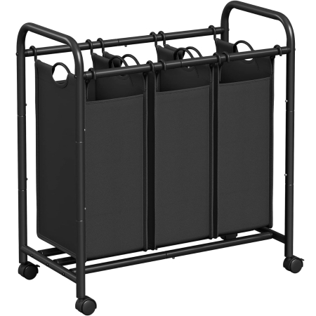 Baie - SONGMICS Cos de rufe cu 3 saci detasabili, structura metalica pe roti, 3x44L, 77x41x82cm, negru