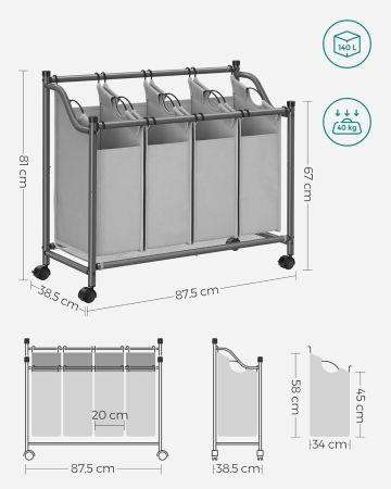 SONGMICS Cos de rufe cu 4 saci detasabili, structura metalica pe roti, 4x35L, 87x38x81cm, gri [8]