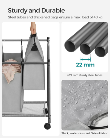 SONGMICS Cos de rufe cu 4 saci detasabili, structura metalica pe roti, 4x35L, 87x38x81cm, gri [9]