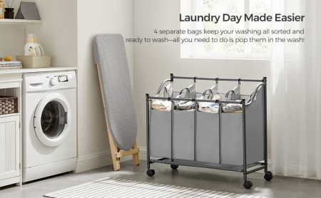 SONGMICS Cos de rufe cu 4 saci detasabili, structura metalica pe roti, 4x35L, 87x38x81cm, gri [3]