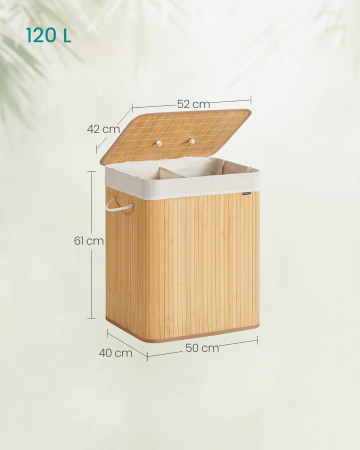 Cos de rufe cu capac, 2 compartimente, bambus, 120 l, pliabil, sac textil detasabil, 50x40x61 cm, maro natur [2]