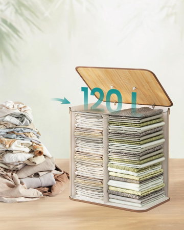 Cos de rufe cu capac, 2 compartimente, bambus, 120 l, pliabil, sac textil detasabil, 50x40x61 cm, maro natur [4]