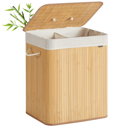 Cosuri de rufe - Cos de rufe cu capac, 2 compartimente, bambus, 120 l, pliabil, sac textil detasabil, 50x40x61 cm, maro natur