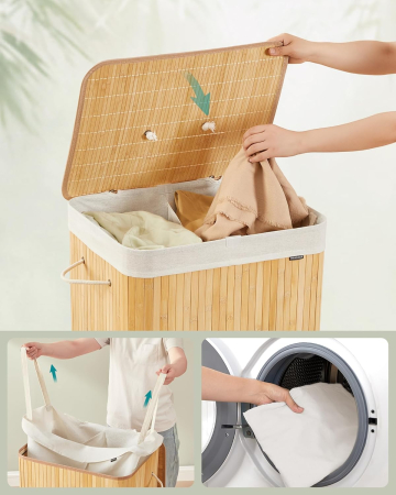 Cos de rufe cu capac, 2 compartimente, bambus, 120 l, pliabil, sac textil detasabil, 50x40x61 cm, maro natur [5]